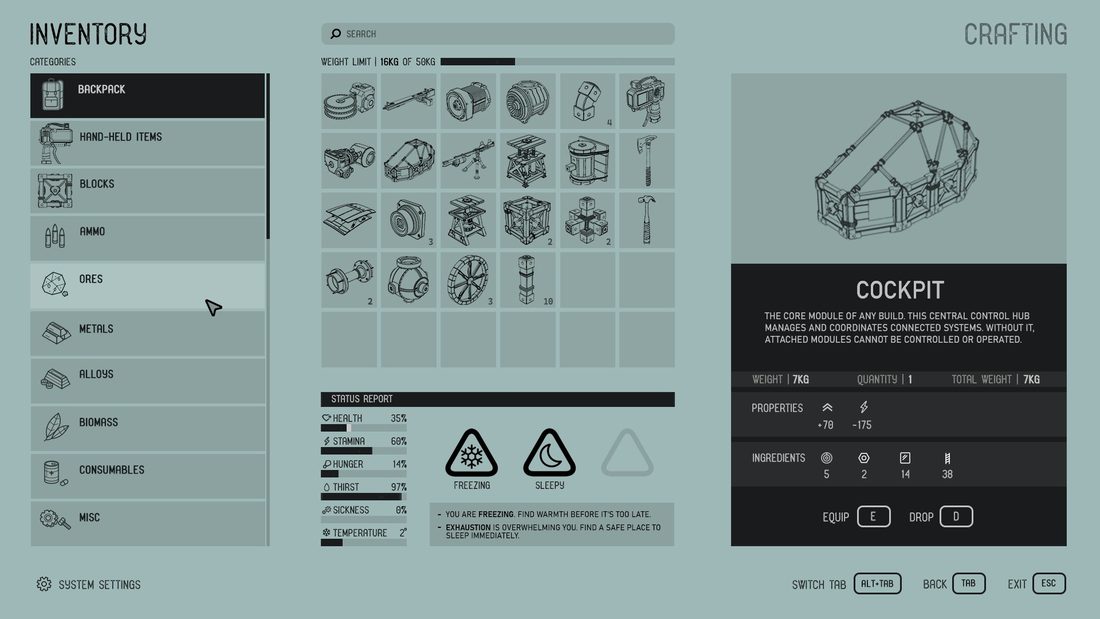 Unhinged game UI: inventory & crafting