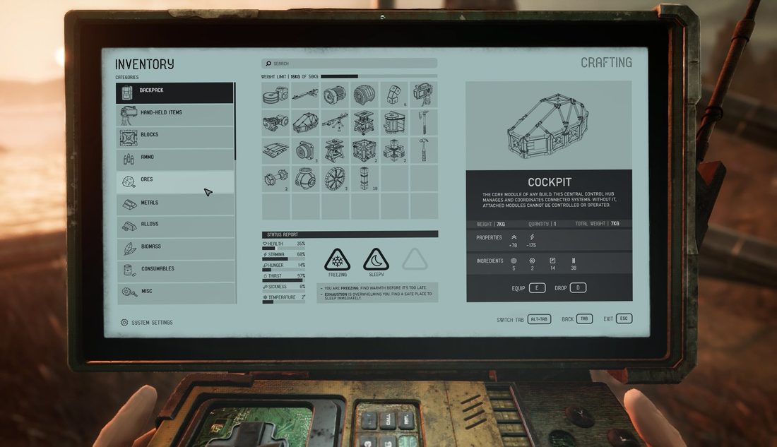 Game UI, the Inventory on the In-Game Tablet, from Unhinged by Armin Rahimi